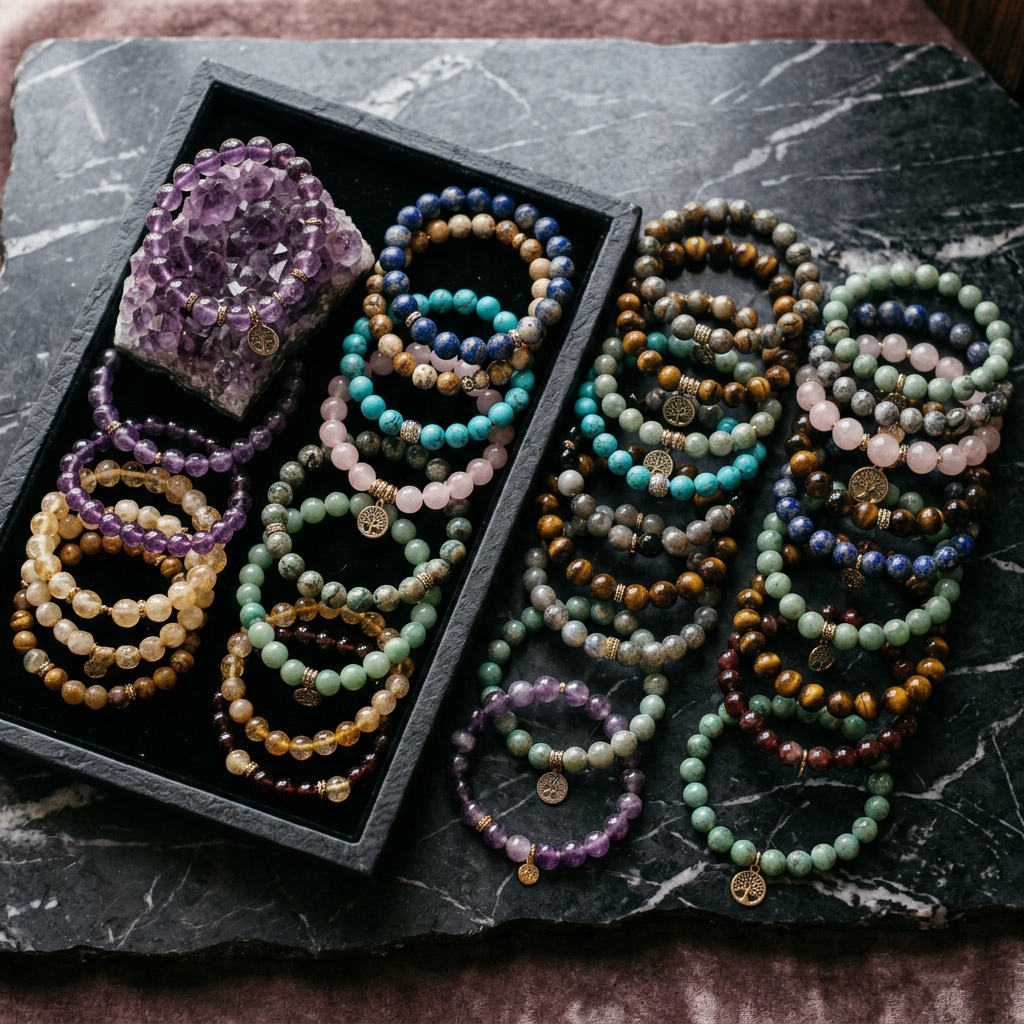 Hand reaching toward gemstone bracelets displayed with crystal specimens